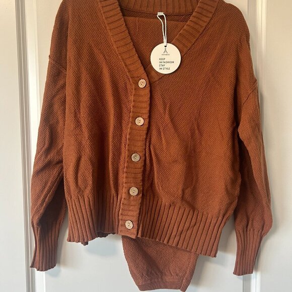 Anrabess Women's Waffle Knit Long Sleeve Cardigan Set Size M Brown NWT - Picture 3 of 3